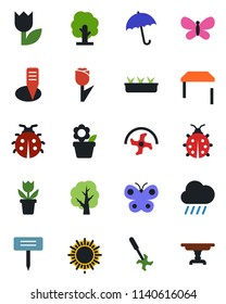Color and black flat icon set - umbrella vector, sun, flower in pot, ripper, tree, butterfly, lady bug, seedling, rain, plant label, tulip, table