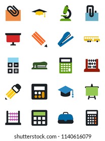 Color and black flat icon set - airport bus vector, calculator, graduate, abacus, presentation board, microscope, paper clip, pencil, stapler, case