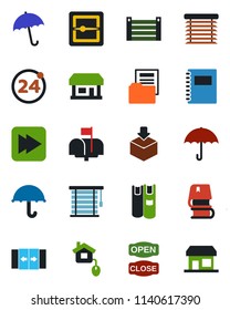 Color and black flat icon set - 24 around vector, automatic door, umbrella, store, container, package, fast forward, scanner, copybook, document folder, book, mailbox, open close, home control