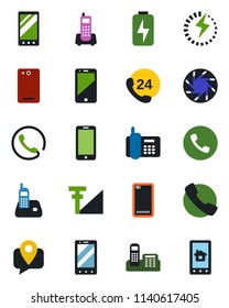 Color and black flat icon set - phone vector, mobile, office, 24 hours, tracking, cell, radio, back, call, camera, cellular signal, charge, home control app
