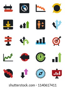 Color and black flat icon set - elevator vector, signpost, left arrow, growth statistic, crisis graph, route, sorting, data exchange, download, compass, update, target, up, clock, presentation