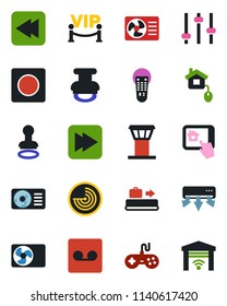 Color and black flat icon set - airport tower vector, baggage conveyor, stamp, radar, gamepad, remote control, fast forward, rewind, tuning, record, air conditioner, vip zone, home, app, garage gate