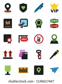 Color and black flat icon set - no mobile vector, vip, pen, heart shield, pin, fragile, up side sign, hook, barcode, sd, cut, place tag, sertificate, sale, menu, open close, paper plane