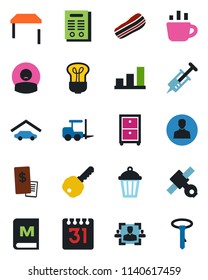 Color and black flat icon set - fork loader vector, coffee, garden light, syringe, patient, satellite, user, calendar, bar graph, hr, archive box, contract, garage, key, table, menu, bacon, bulb