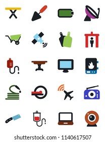 Color and black flat icon set - plane radar vector, satellite antenna, security gate, trowel, wheelbarrow, hose, picnic table, dropper, tomography, radio, monitor, laptop pc, battery, cutting board