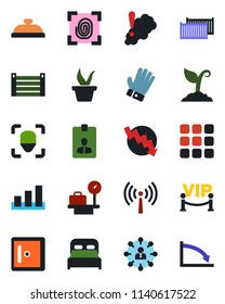 Color and black flat icon set - antenna vector, luggage scales, checkroom, identity card, hierarchy, crisis graph, seedling, sproute, glove, cargo container, sorting, menu, face id, bedroom