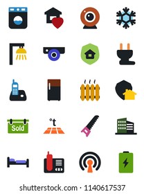 Color and black flat icon set - bed vector, saw, radio phone, sold signboard, office building, sweet home, heater, estate insurance, power plug, wireless, web camera, snowflake, washer, warm floor