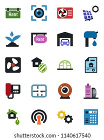 Color and black flat icon set - greenhouse vector, sun panel, water supply, garage, plan, estate document, rent, office building, insurance, home control, fan, irrigation, wireless, web camera, gear