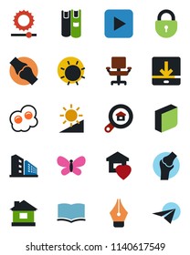 Color and black flat icon set - lock vector, book, butterfly, house, sun, joint, play button, download, brightness, ink pen, office chair, blank box, building, estate search, sweet home, omelette
