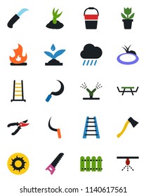 Color and black flat icon set - flower in pot vector, ladder, bucket, sproute, pruner, saw, fire, sun, rain, sickle, garden knife, axe, pond, picnic table, fence, irrigation, sprinkler
