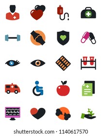 Color and black flat icon set - monitor pulse vector, doctor case, diagnosis, blood test vial, dropper, pills, blister, ambulance car, barbell, heart shield, disabled, eye, joint, broken bone