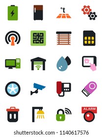 Color and black flat icon set - sim vector, chip, fan, wireless lock, intercome, pc, home control app, gear, water, warm floor, outdoor lamp, jalousie, garage gate, trash bin, fridge, usb flash