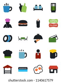 Color and black flat icon set - coffee vector, waiter, cook, hat, reserved, drink, beer, plates, salt and pepper, candle, cafe table, open close, alcove, credit card, hamburger, cutting board