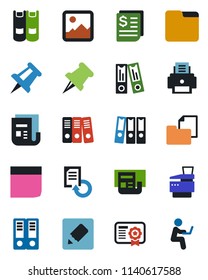 Color and black flat icon set - book vector, office binder, drawing pin, document reload, receipt, folder, news, paper, gallery, notes, blank box, printer, copier, certificate, man with notebook