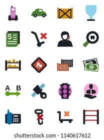 Color and black flat icon set - satellite vector, cash, traffic light, office phone, support, client, cargo container, car delivery, receipt, fragile, no trolley, hook, flammable, search, route
