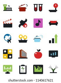 Color and black flat icon set - plane globe vector, airport building, office, growth statistic, monitor, blood test vial, pulse clipboard, satellite, heavy scales, clapboard, scanner, music