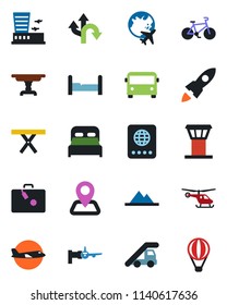 Color and black flat icon set - airport tower vector, suitcase, bus, passport, ladder car, boarding, plane, helicopter, globe, building, picnic table, bike, route, navigation, mountains, bedroom
