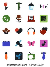 Color and black flat icon set - cafe vector, phone, office chair, case, abacus, tie, butterfly, garden light, satellite, tulip, headphones, heart, cut, music, tv, dress code, chip