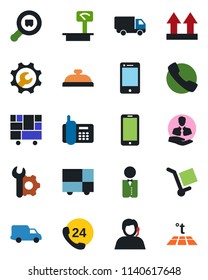 Color and black flat icon set - mobile phone vector, office, 24 hours, support, client, car delivery, consolidated cargo, up side sign, heavy scales, search, cell, call, root setup, waiter