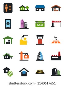 Color and black flat icon set - airport tower vector, barrier, elevator, warehouse storage, office building, house with garage, tree, estate document, sold signboard, crane, factory, insurance, cafe