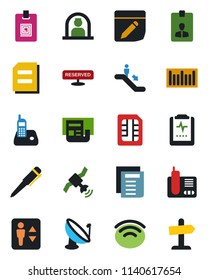 Color and black flat icon set - elevator vector, escalator, reception, identity card, pen, document, pulse clipboard, barcode, satellite antenna, radio phone, sim, notes, wireless, news, reserved