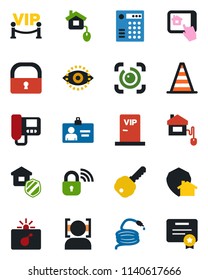 Color and black flat icon set - bomb in case vector, border cone, identity card, hose, lock, face id, eye, key, estate insurance, vip zone, home control, wireless, intercome, app, protect