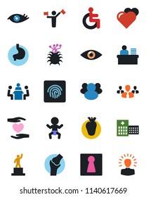Color and black flat icon set - dispatcher vector, female, baby, pedestal, heart, disabled, hand, stomach, real, eye, joint, hospital, virus, group, fingerprint id, manager desk, meeting
