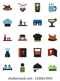 Color and black flat icon set - coffee vector, waiter, cook, alcohol, hat, wine card, drink, cocktail, salt and pepper, cafe building, chicken, sushi, serviette