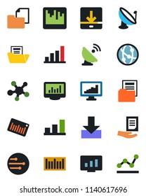Color and black flat icon set - document vector, statistic monitor, folder, barcode, satellite antenna, network, share, scanner, download, statistics, bar graph, point