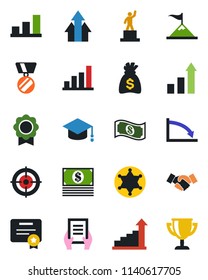 Color and black flat icon set - handshake vector, growth statistic, pedestal, medal, graduate, money bag, document, sertificate, bar graph, target, police, arrow up, motivation, crisis, cash