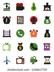 Color and black flat icon set - alarm clock vector, phone, tv, abacus, money bag, well, video camera, microphone, call, fireplace, windmill, sand