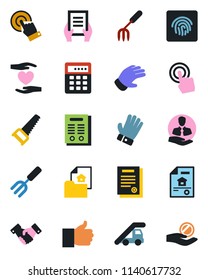 Color and black flat icon set - ladder car vector, handshake, document, garden fork, glove, saw, heart hand, client, touch screen, finger up, fingerprint id, contract, estate, combination lock