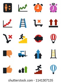 Color and black flat icon set - elevator vector, alarm clock, left arrow, fork loader, ladder, up side sign, no trolley, finger, down, career, graph, growth, air balloon