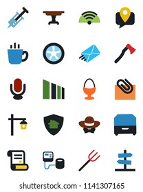 Color and black flat icon set - contract vector, farm fork, axe, garden light, syringe, blood pressure, mobile tracking, sorting, microphone, paper clip, archive box, table, wireless, coffee, fan
