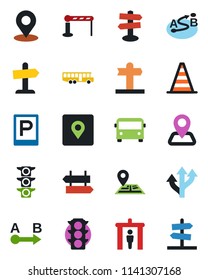 Color and black flat icon set - airport bus vector, parking, barrier, security gate, signpost, border cone, route, navigation, traffic light, place tag, guidepost