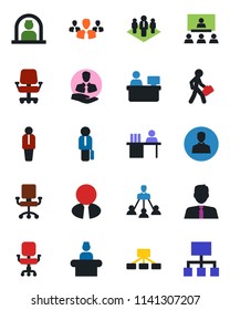 Color and black flat icon set - reception vector, manager, place, client, user, office chair, desk, hierarchy, company, estate agent, group
