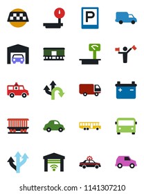 Color and black flat icon set - dispatcher vector, taxi, airport bus, parking, alarm car, ambulance, route, railroad, delivery, heavy scales, garage, gate control, battery