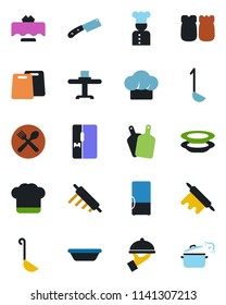 Color and black flat icon set - fridge vector, cook, restaurant table, cafe, hat, plates, waiter, salt and pepper, ladle, bowl, rolling pin, cutting board, knife, steaming pan