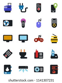 Color and black flat icon set - mouse vector, mobile tracking, gamepad, remote control, monitor, radio phone, copier, air conditioner, power plug, water heater