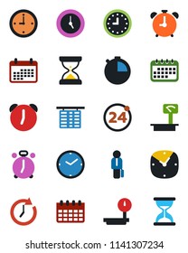 Color and black flat icon set - 24 around vector, alarm clock, flight table, calendar, heavy scales, stopwatch, manager, sand