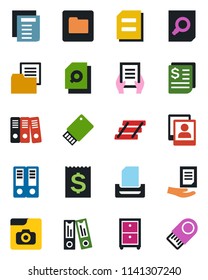 Color and black flat icon set - office binder vector, document search, receipt, folder, photo gallery, paper, tray, archive box, usb flash