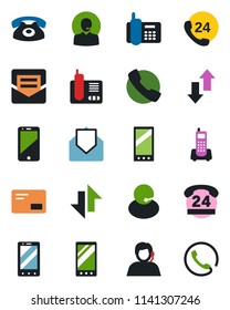 Color and black flat icon set - mobile phone vector, office, 24 hours, support, cell, radio, mail, call, data exchange