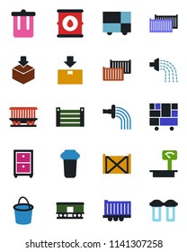 Color and black flat icon set - trash bin vector, bucket, watering, railroad, truck trailer, cargo container, consolidated, package, oil barrel, heavy scales, archive box, water filter