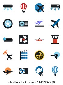 Color and black flat icon set - plane vector, airport tower, radar, departure, seat map, globe, air conditioner, fan, paper, balloon