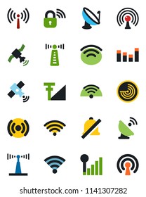 Color and black flat icon set - antenna vector, radar, satellite, equalizer, wireless, mute, cellular signal, lock