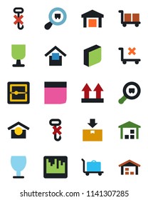Color and black flat icon set - baggage trolley vector, fragile, cargo, warehouse storage, up side sign, no, hook, package, search, scanner, blank box