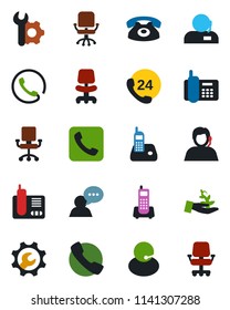 Color and black flat icon set - office chair vector, phone, 24 hours, support, speaker, radio, call, root setup, palm sproute