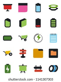 Color and black flat icon set - signpost vector, notepad, presentation board, wheelbarrow, battery, low, folder, charge, blank box, plates