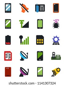 Color and black flat icon set - satellite antenna vector, mobile phone, virus, cell, low battery, back, sim, mute, cellular signal, office, sun panel