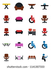 Color and black flat icon set - cafe vector, waiting area, disabled, office chair, desk, picnic table, cushioned furniture, restaurant, man with notebook